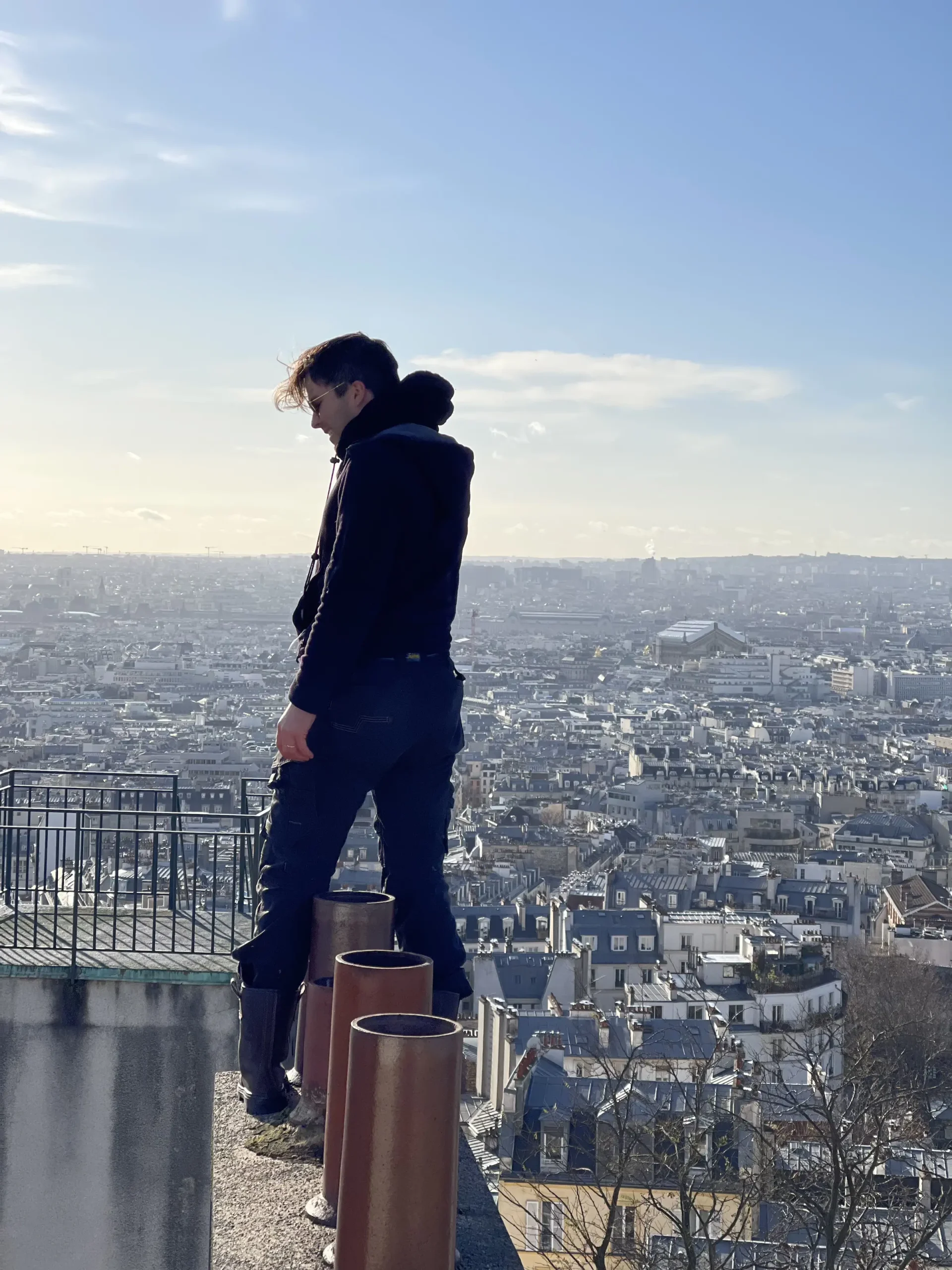Artisan charpentier couvreur zingueur de Maison Lardeux sur une toiture à Paris, vue sur les toits de la capitale