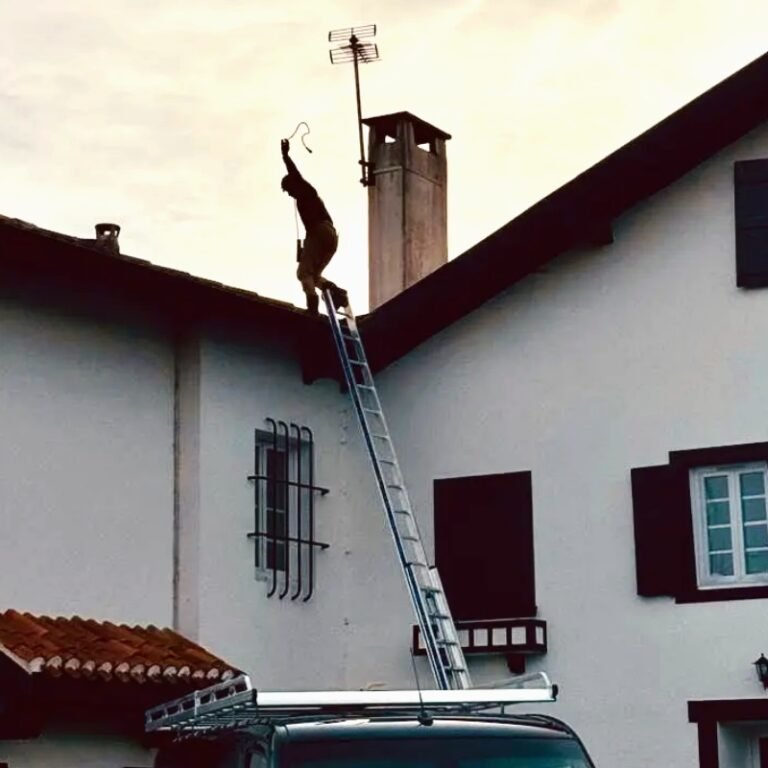 Jordan Lardeux, couvreur de Maison Lardeux, en intervention d'urgence sur le toit d'une maison basque à Arbonne — camion et échelle au pied de la façade