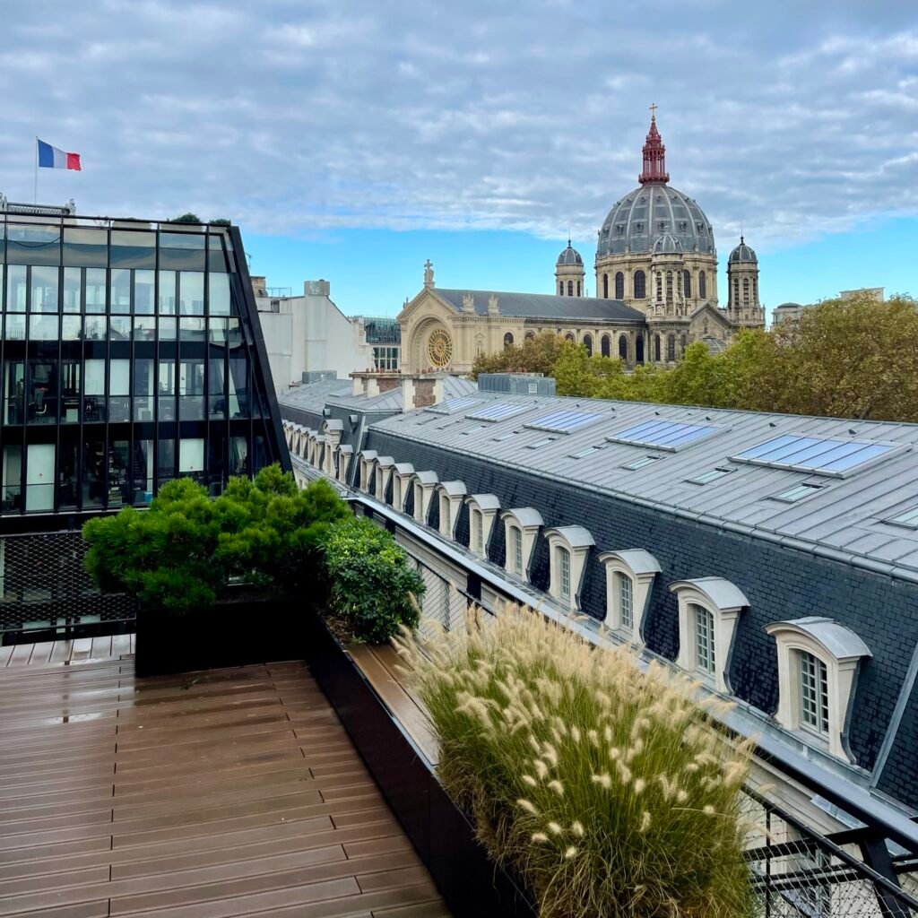Lucarne cintrée, terrasse à tasseaux en zinc naturel et brisis en ardoise, Paris