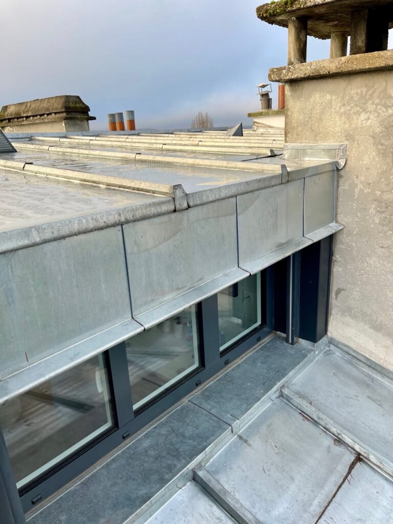 Terrasse à tasseaux en zinc et bardage au-dessus de grandes baies, Paris